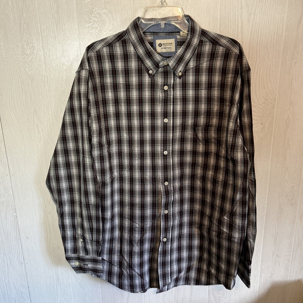 Haggar XL Stretch Black Burgundy Plaid Button Down Shirt